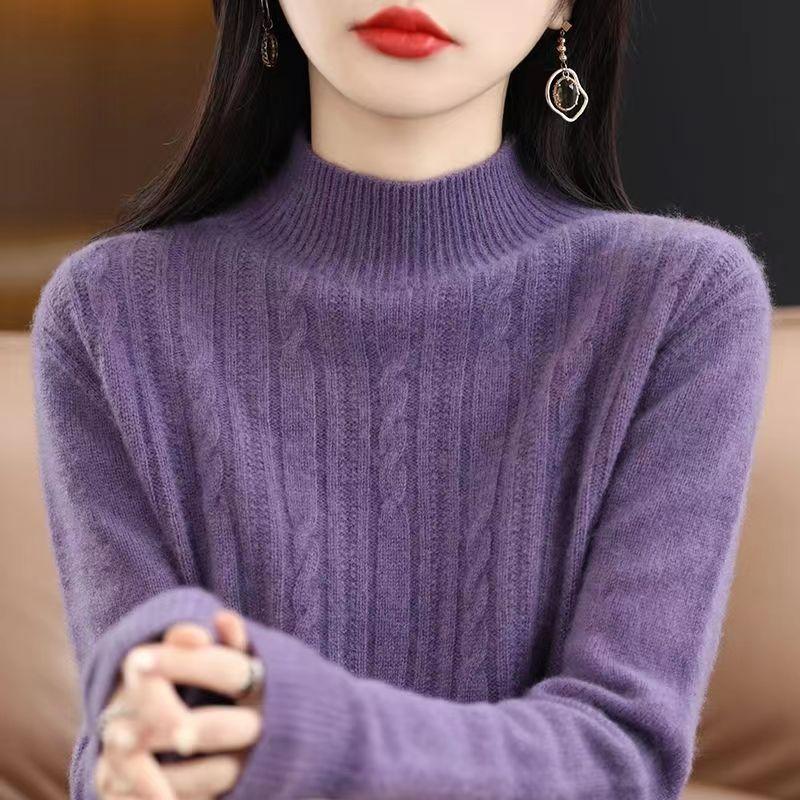 Autumn and Winter Half High Collar Wool Pullover Fried Dough Twists Casual Sweater Versatile Long Sleeve Knitwear