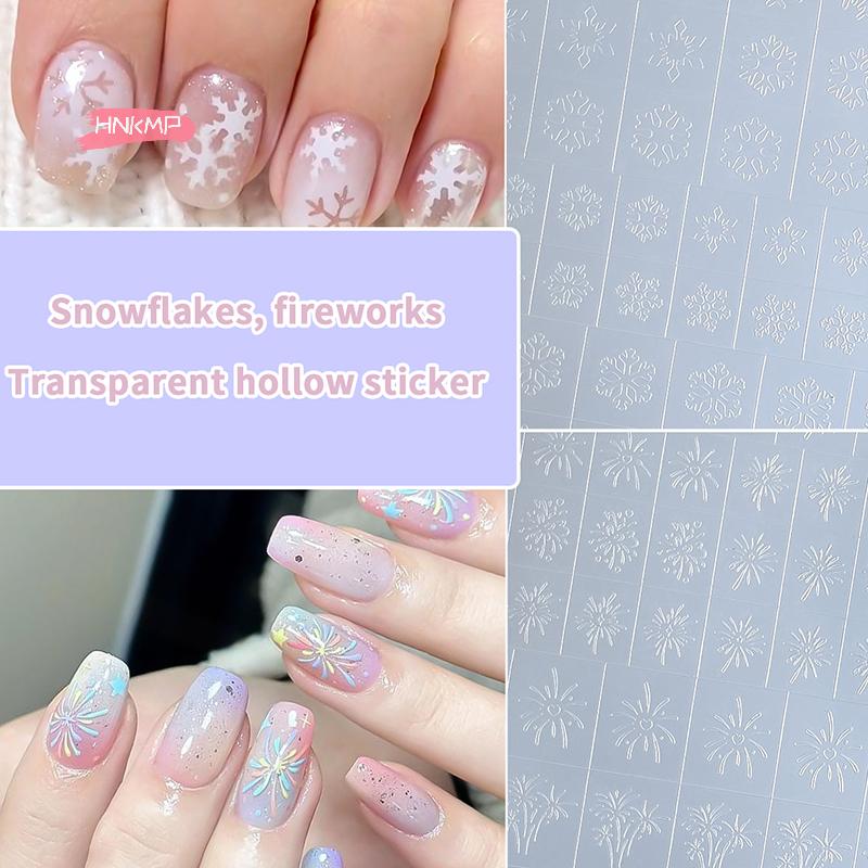 Transparent Fireworks Nail Stickers Hollow Spray Painting Stencil with Christmas Tree & Snowflake Pattern - Adhesive Nail Art
