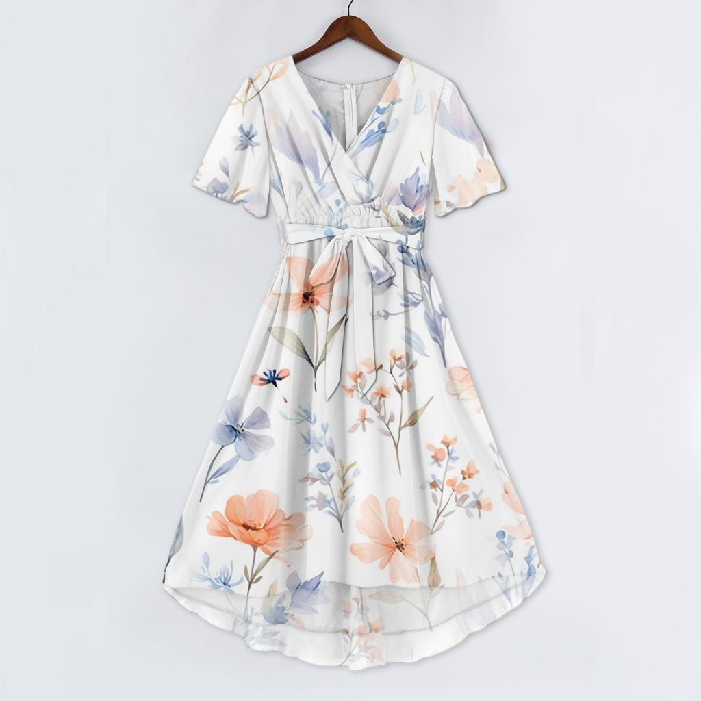 Women's Casual V Neck Short Sleeve Floral Print Dress Vintage Style Wrap Midi Dress Lightweight Summer Dress for Daily Wear
