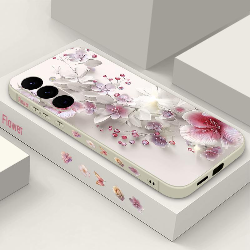Soft TPU Case For Samsung Galaxy S25 S24 S21 FE S24 S22 S23 Ultra S22 Plus S25 Edge Pink Flowers Patterned Lanyard Phone Cover