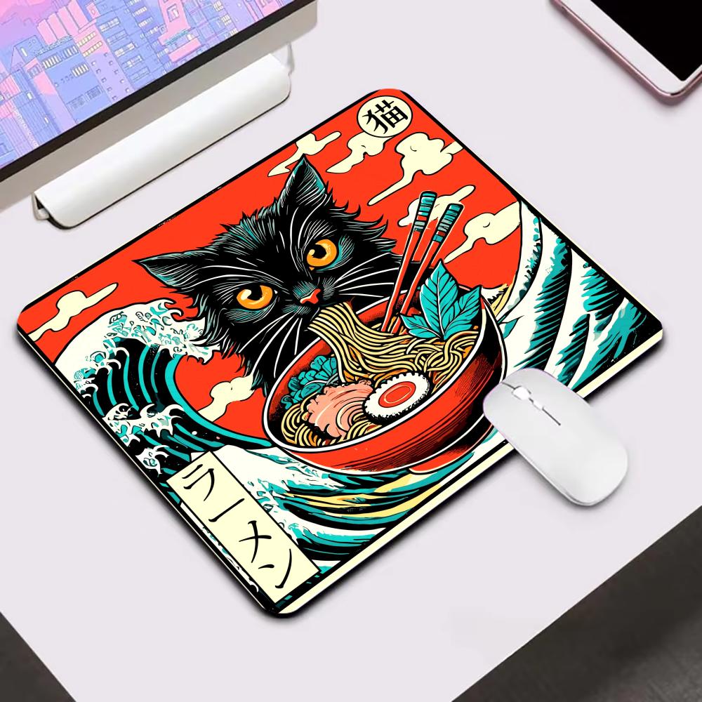 Japanese Cat Eating Ramen kawaiiMouse Pad Square Gaming Accessory Rubber Deskmats Non-Slip Computer Keyboard Mat Laptop Mousepad