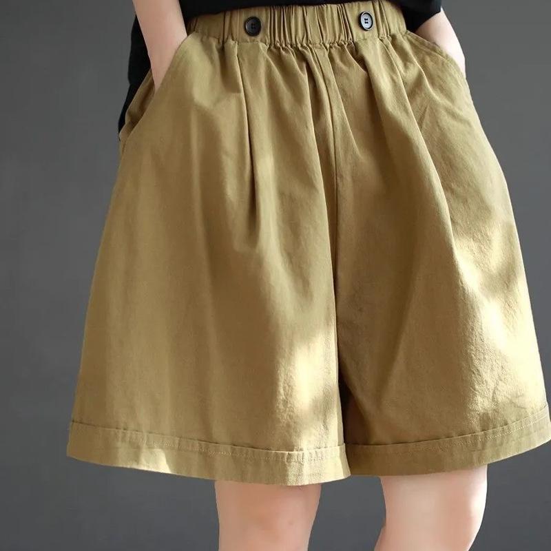 

Literary and retro Korean version wide-leg cotton shorts casual pants summer new five-point pants elastic waist large size women 4XL хакі