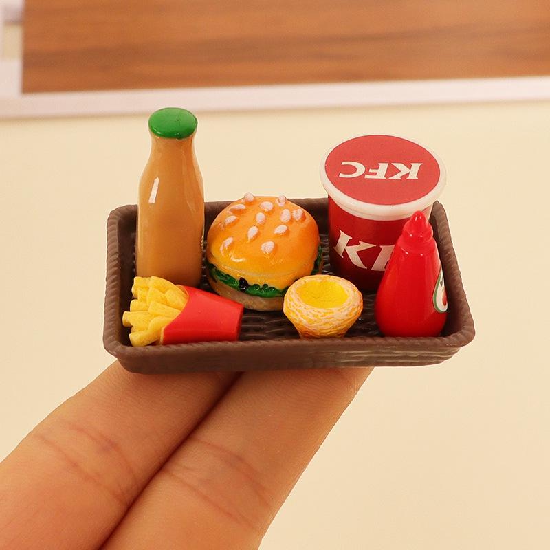 Miniature Dollhouse Food Set: Burger, Cola, Fries, Egg Tart & Plate