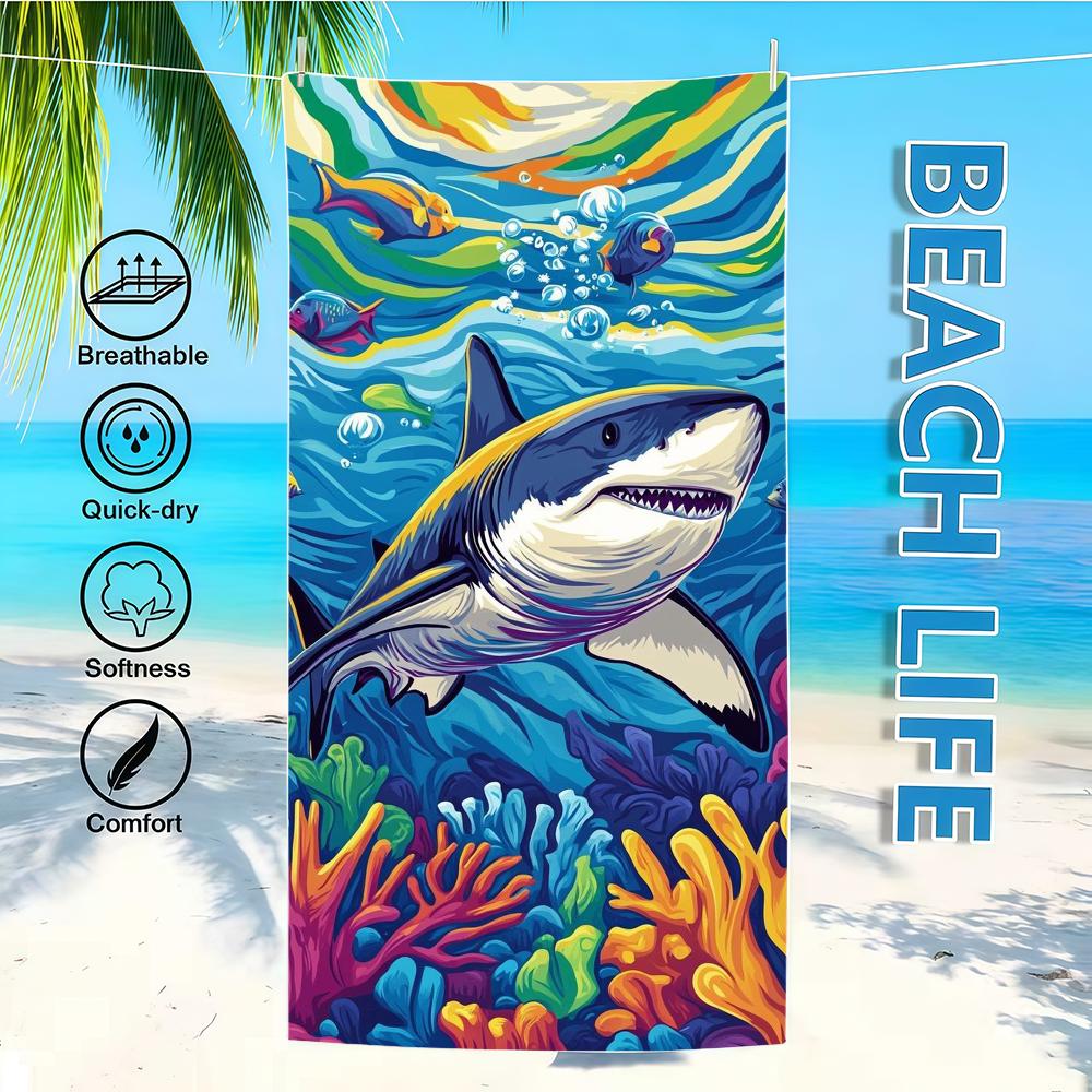 

Towel Textile Bathrobe Cartoon Beach Quick-Drying Lightweight Art Shark Portable Camping Swim Pool Travel W40*H60(CM)