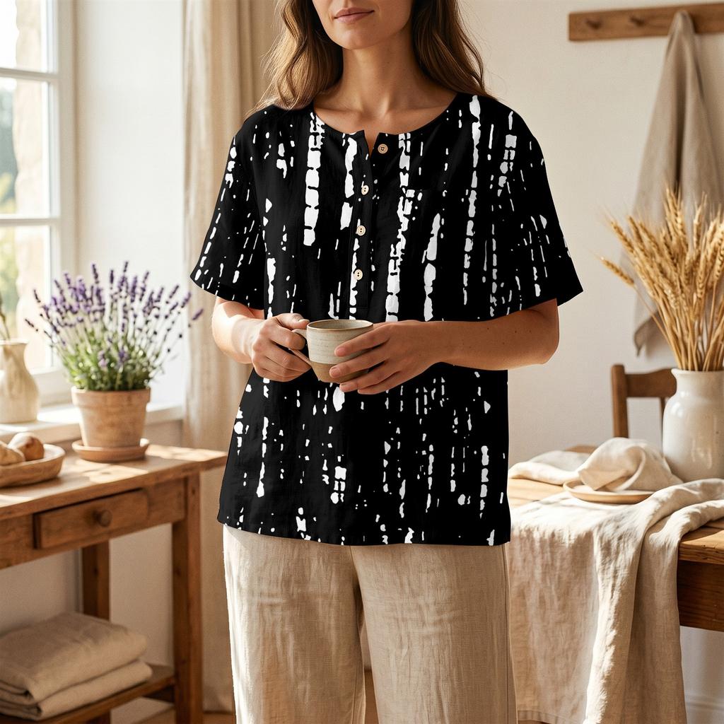 Women’s Casual Printed Henley Button Neck Short Sleeve Cotton Linen Shirt with Chest Pocket and Relaxed Fit for Everyday Wear