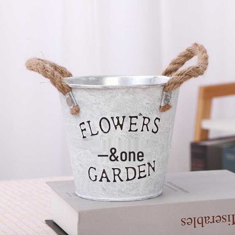 Tin Flower Pot with Hemp Rope Succulent Holder - European Pastoral Wrought Iron Bucket