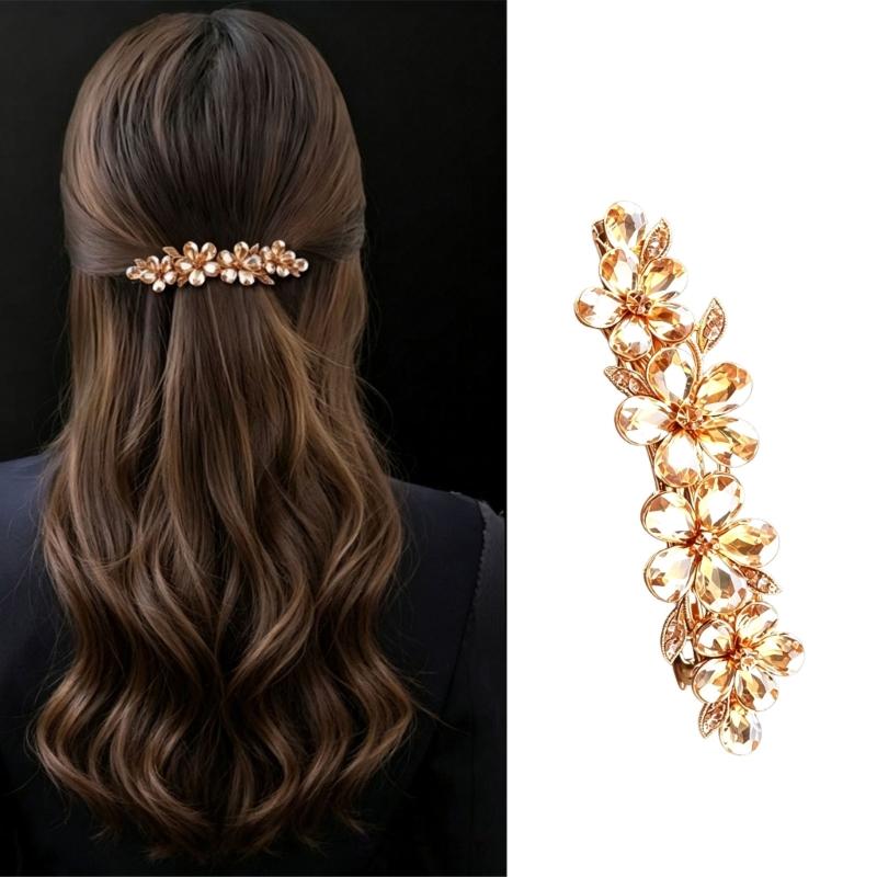 2-Piece Spring Hair Barrette Set Hairpin with Faceted Flowers and Leaf Trim for Holiday, Wedding and Stage Hairstyles