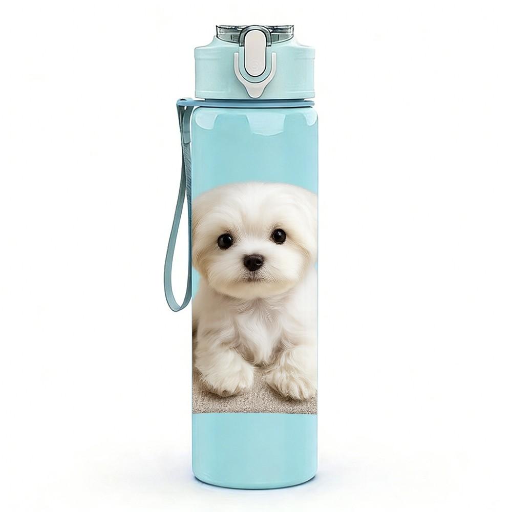 1PC Tiny White Puppy Standing Up 750ml Color Plastic Sports Water Bottle Leakproof Flip Straw Lid Suitable for Sports Office Home Use