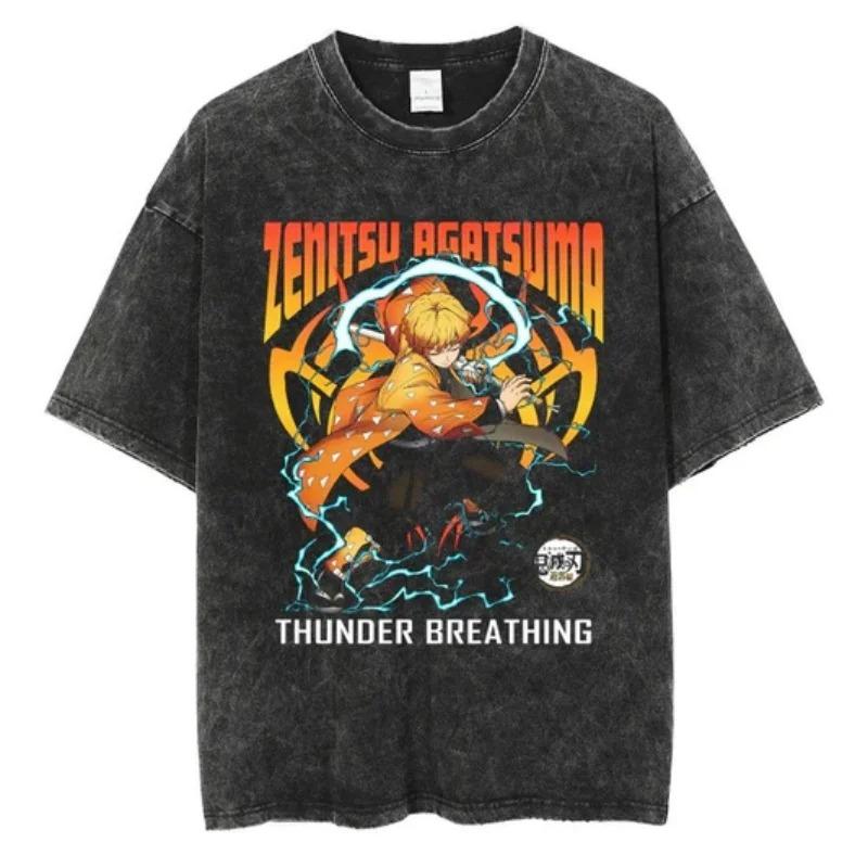 2026 Anime Demon Slayer Retro Washed T-shirt Men's and Women's New Summer Clothing Breathable Fashion Top Streetwear Peripheral Tee