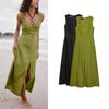 Summer Women's Clothing Decorated Row Button Slit Hemline At Hem Sleeveless Square Collar Linen Blend Midi Skirt Dress 6962029