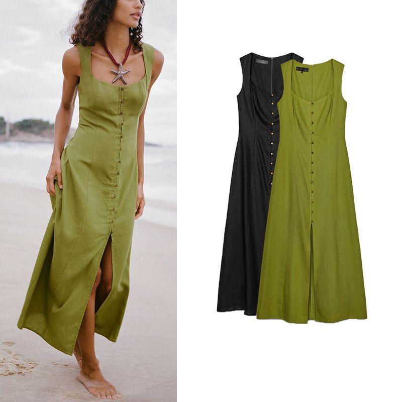 Summer Women's Clothing Decorated Row Button Slit Hemline At Hem Sleeveless Square Collar Linen Blend Midi Skirt Dress 6962029