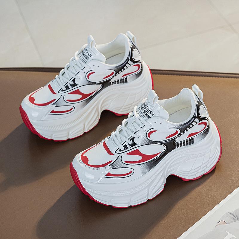 Genuine Leather Chunky Sneakers Women Flat Platform Shoes Thick Sole 9cm Brand Ladies Sneakers