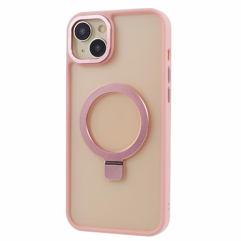 For iPhone 15 Plus Skin-touch Phone Case Kickstand Design TPU+PC+Magnet+Metal Shell Compatible with MagSafe