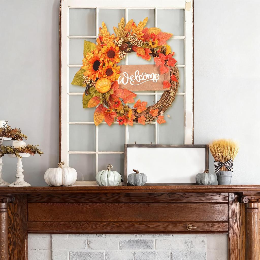 Herbstkranz Outdoor Sonnenblume Kürbis Ahorn Thanksgiving Dekoration Künstlicher Feiertagskranz Für Erntedankfest Büro Wohnung