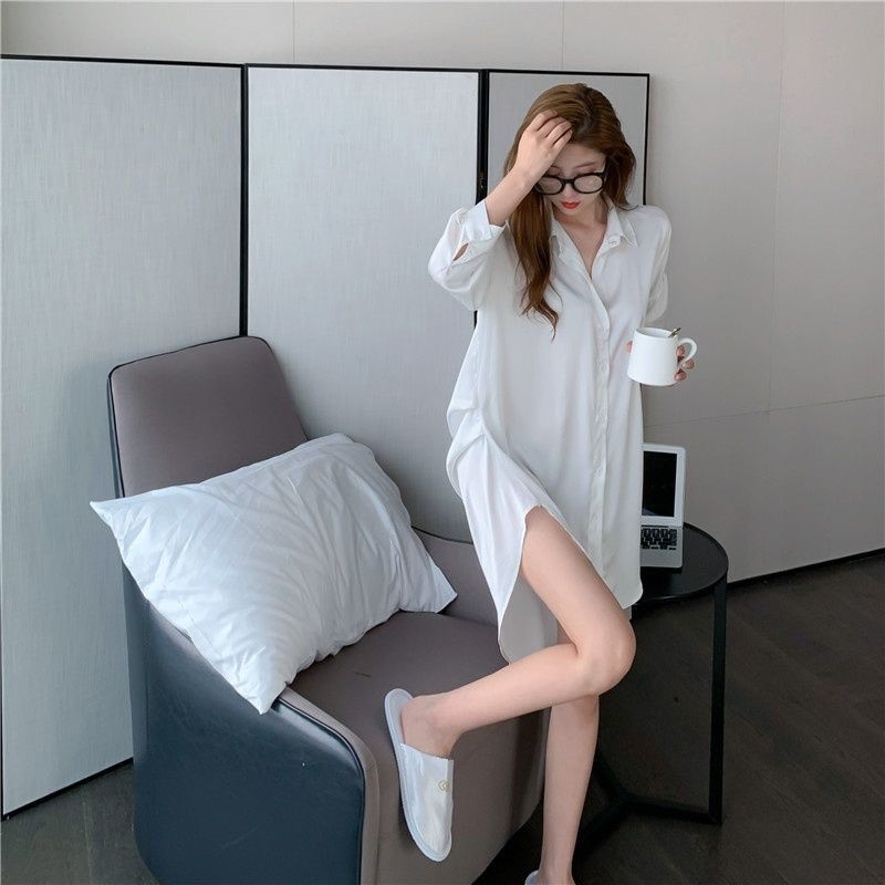 Sexy Sleepwear for Women In Spring and Autumn Ice Silk Shirt for Women Long Sleeved Sexy Sleepwear for Women