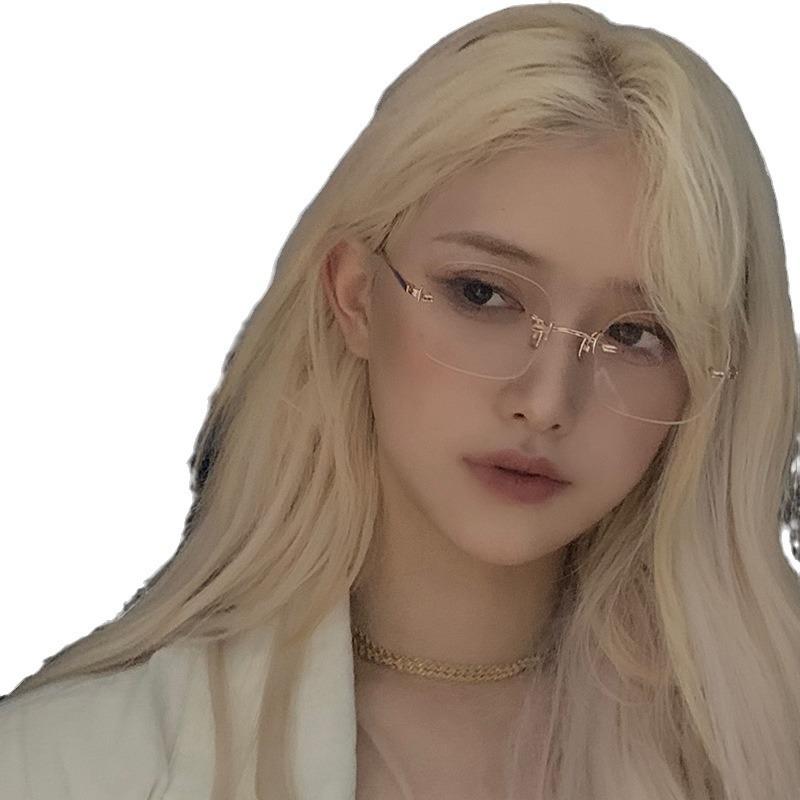 Pure Desire Wind Rimless Glasses Ultra-Light Myopia Glasses With Degree Plain Face Decorative Metal Frame Square Small Frame Female