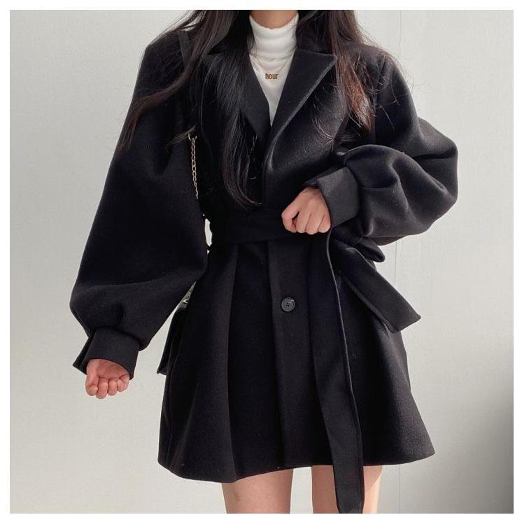 "Hepburn Style Women's Wool Coat: Korean Autumn/Winter, Strap Design, Suit Collar, Medium-Long"