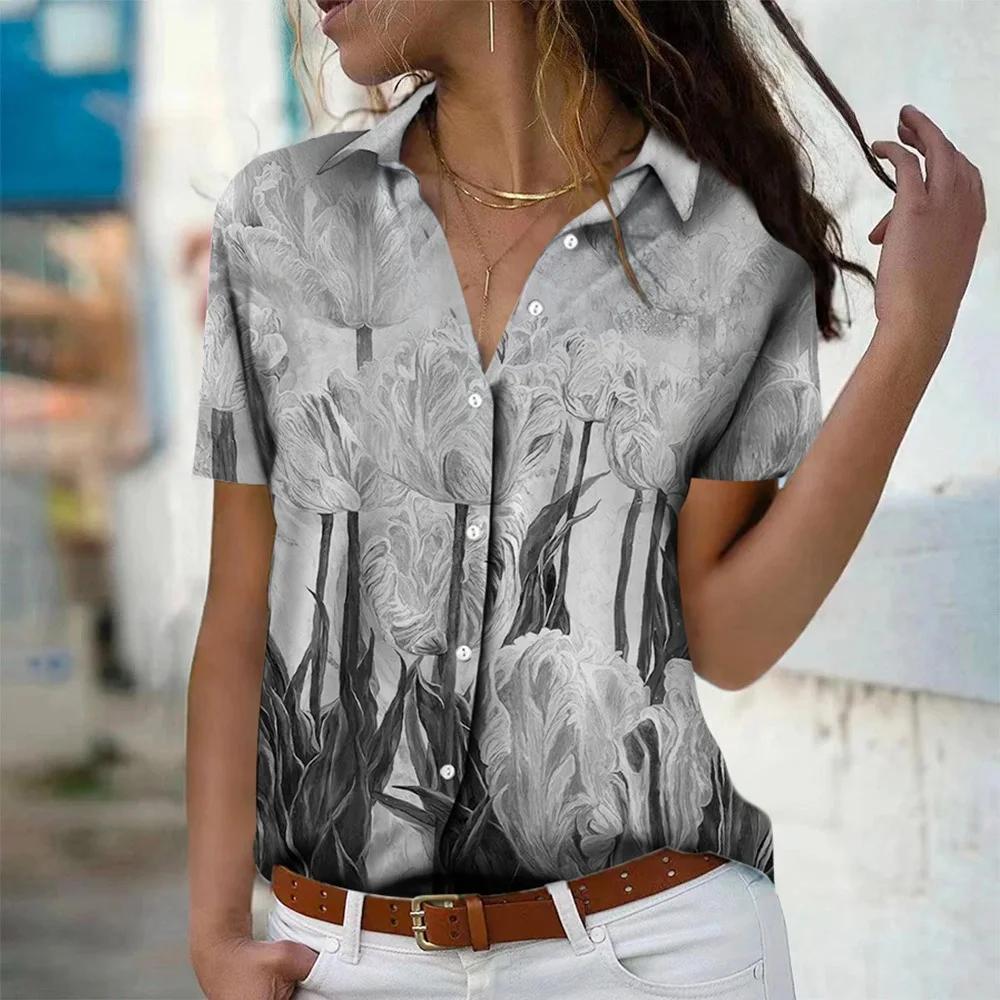 Fashion Women's Floral 3d Printed Short Sleeve Lapel Shirts Tops 2026 New Summer Blouses Tops