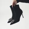 Stretch Boots Skinny Boots Short Boots Women's Thin Heel Fleece Black Suede Pointed Rhinestones