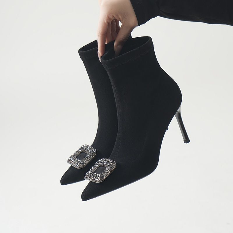 Pointed Skinny Boots Fleece Black Suede Rhinestone Elastic Boots Skinny Heel Short Boots Women