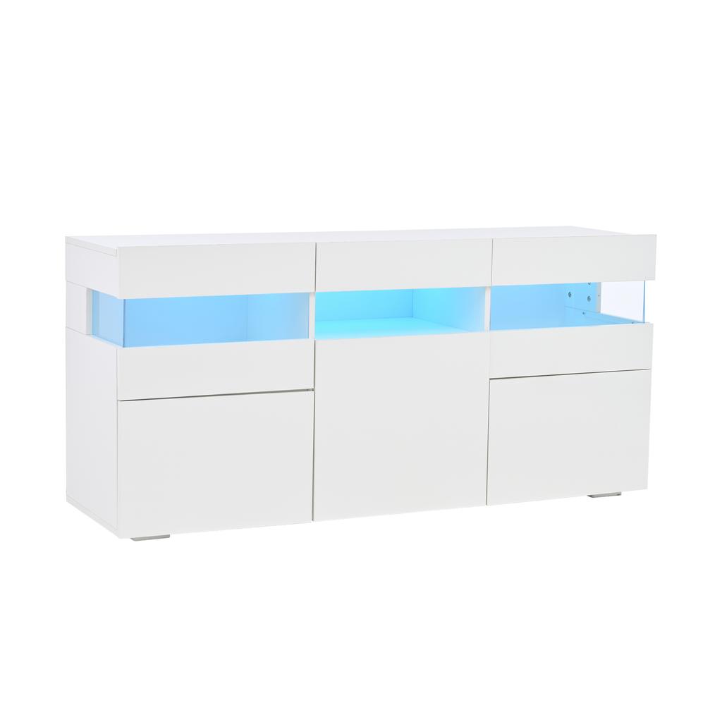 Credenza per soggiorno 140*40.5*66.5cm con 3 ante, finitura lucida, striscia luminosa a LED, acrilico trasparente, 7 scomparti, bianco