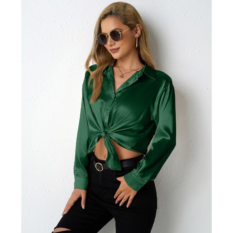 Women's Satin Shirt Simple V-neck Button Blouse Loose Long Sleeved Blouses & Shirts