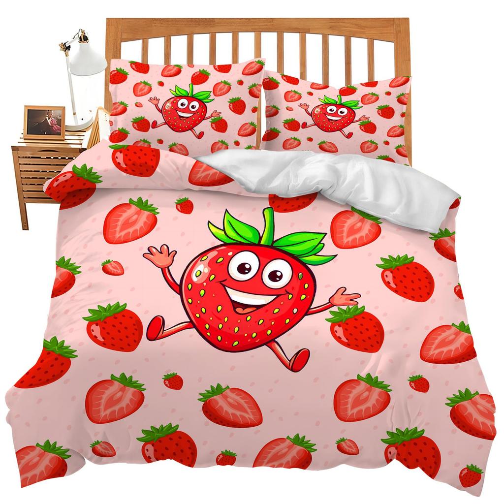 Strawberry Pink Duvet Cover Cute Fruit Print Bedding Three-piece Set Girl Room Decoration
