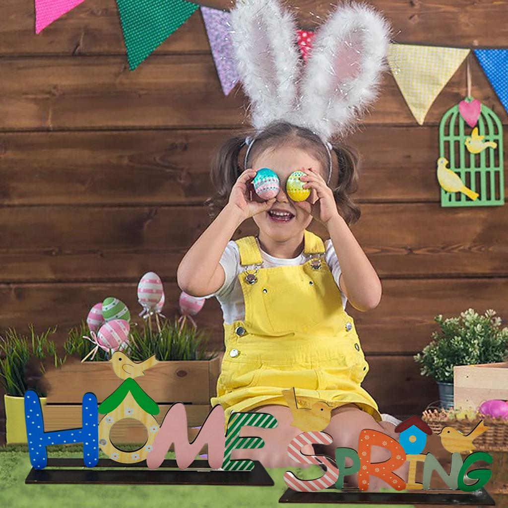 6pcs Cartoon Wooden Table Sign Easter  Eggs Table Centerpiece Sign Tabletop Crafts Decoration