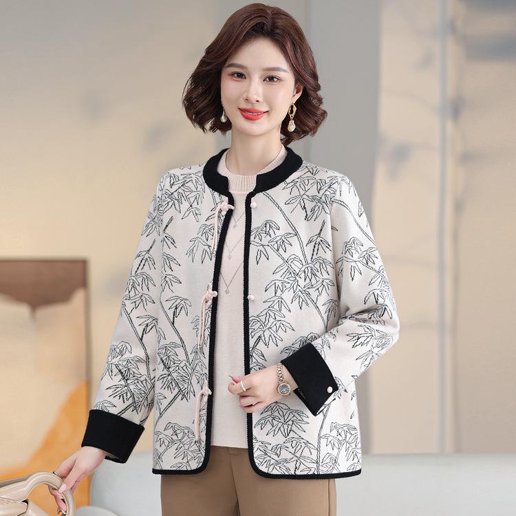 Mom Autumn Sweater Chinese Style Two-piece Set Middle-aged Women's Cardigan Jacket Middle-aged and Elderly Women's Spring and Autumn Sweater Set