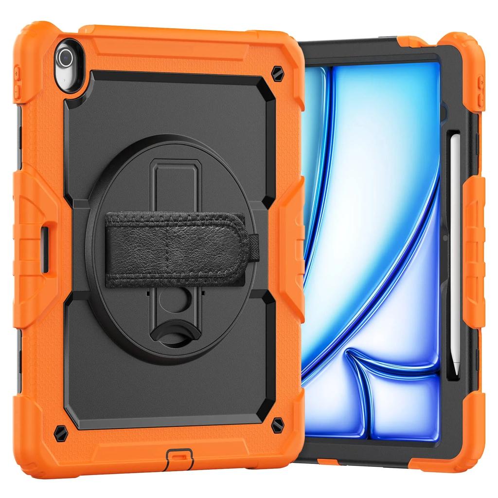For iPad Air 13-inch M2 2025 , Military Grade Shockproof Protector Silicone Cover with Pencil Holder+Handle Shoulder Strap Cover