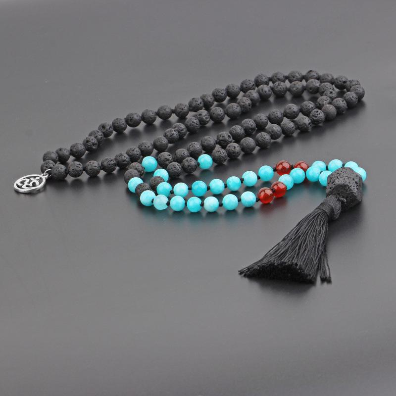 Volcanic Stone 108 Beads Prayer Necklace with Tassel - Long Sweater Chain