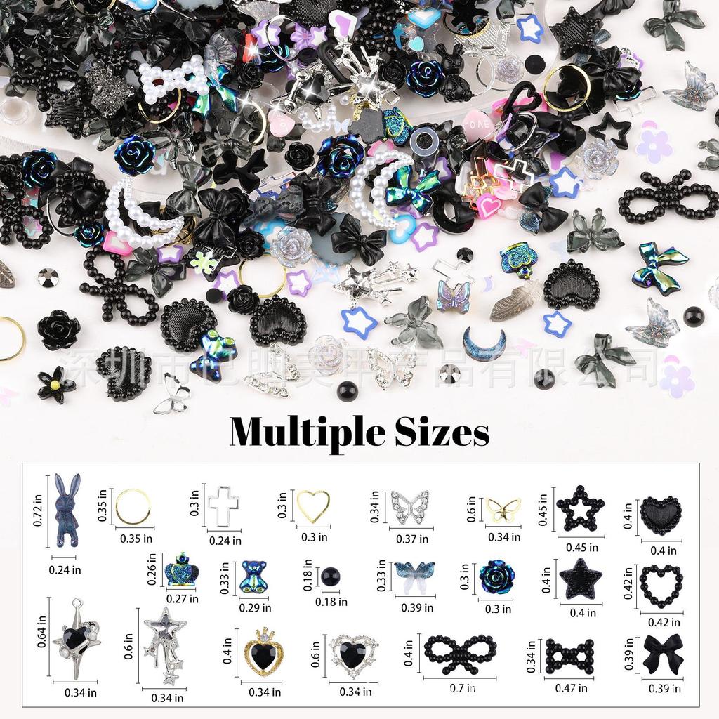 650PCS Mixed Nail Art Kit: Bows, Chrome Hearts, Pearls, Rivets, and Fairy Style Colors.