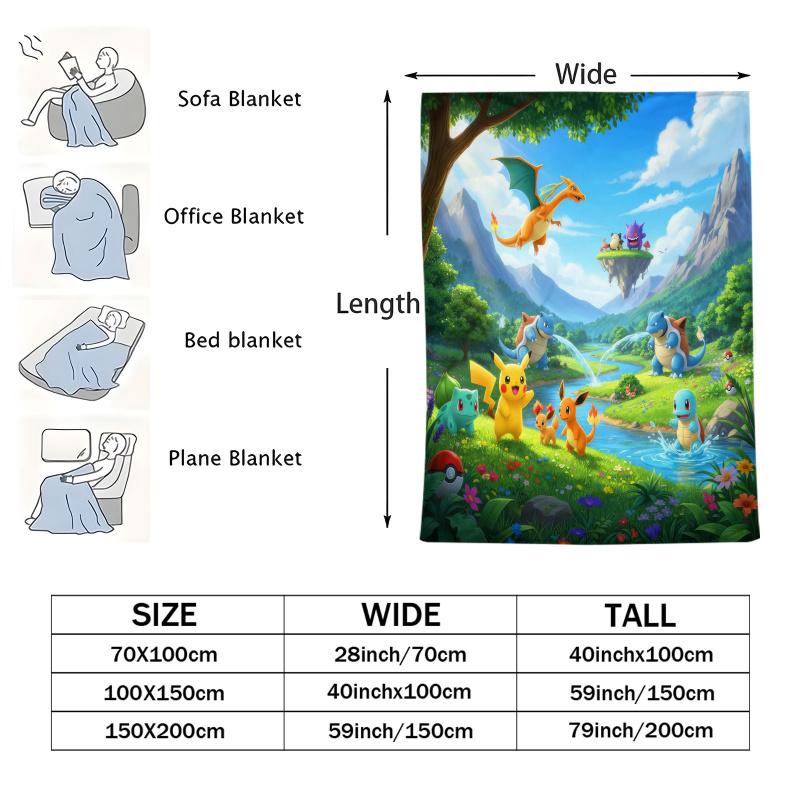 Pokemon Starter Pokemon Scenic Flannel Blanket Cartoon Anime Soft Warm Plush Throw Sofa Bed Couch Cover Camping Travel Fans Gift