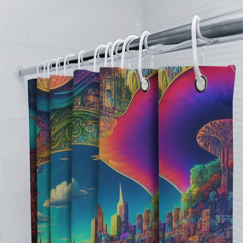 Colorful Cityscape Shower Curtain Fantasy Artistic Bathroom Decor For Home Decoration Modern Waterproof Fabric With Rod Holders