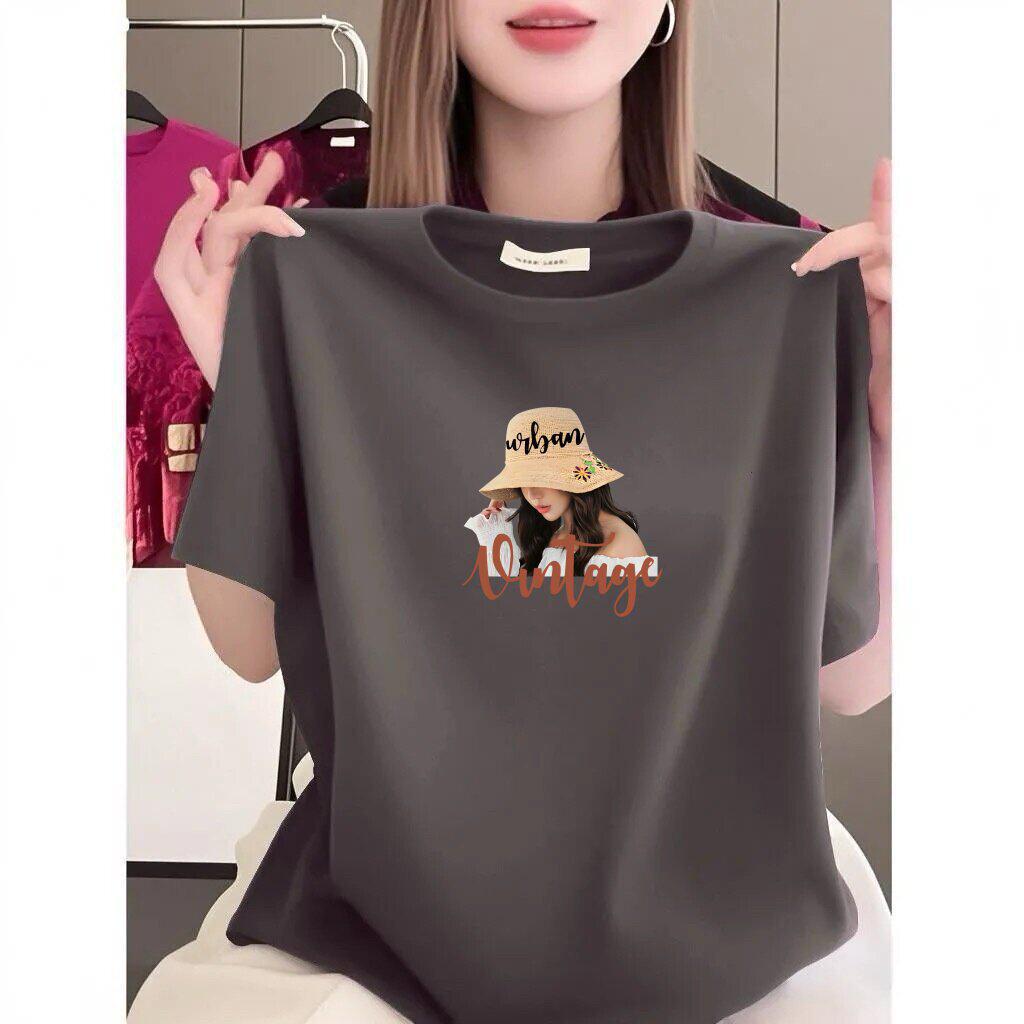 Korean Retro Print Loose Plus Size Women's T-Shirt, Round Neck, Short Sleeve, Slimming Style