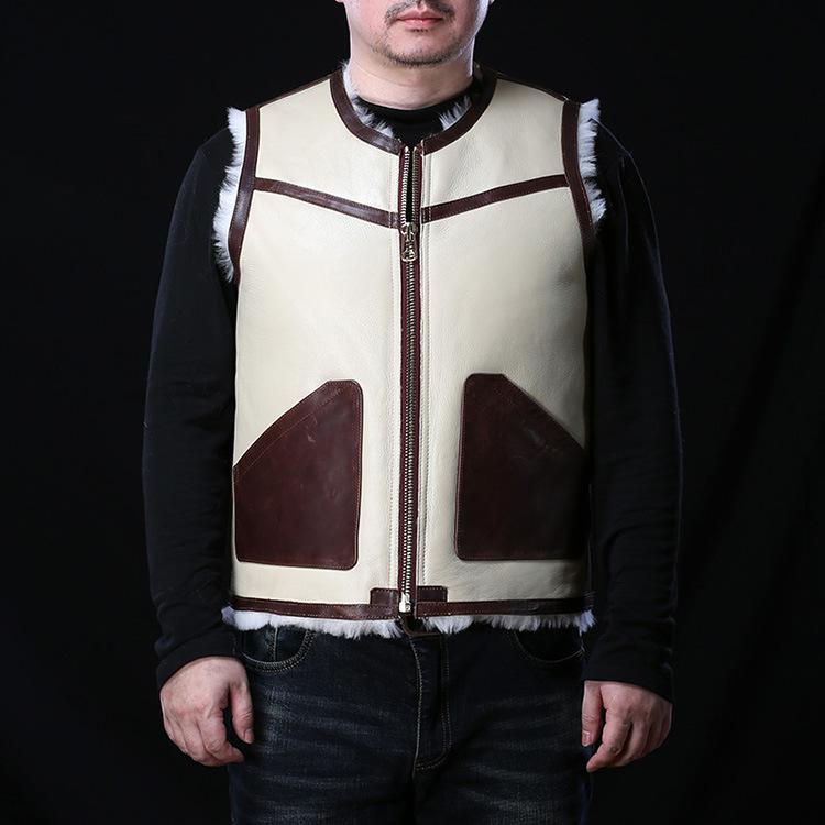 C fur integrated vest, male and female couples V-neck horse leather pocket leather strip sheepskin merino vest