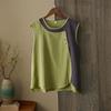 Women Color Block Sleeveless Top Round Neck Side Button Casual Loose Fit Linen Blend Tank Top