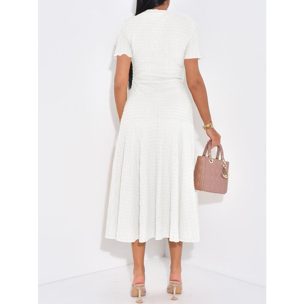 Slimming Knitted Dress Hollow Out Short Sleeve Lace Trim Waist Cinched Long Fashionable Sweater Dress