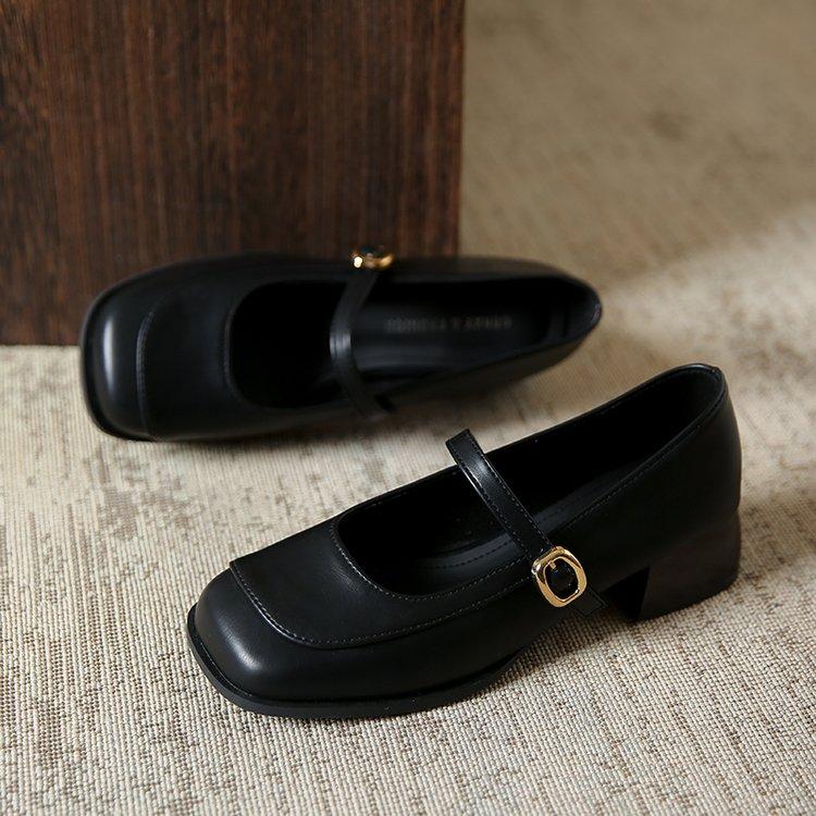 

Французские туфли-лодочки с открытым верхом женские 2024 ранняя осень новые толстый каблук квадратный носок с юбкой туфли на высоком каблуке Мэри Джейн 35 чёрный