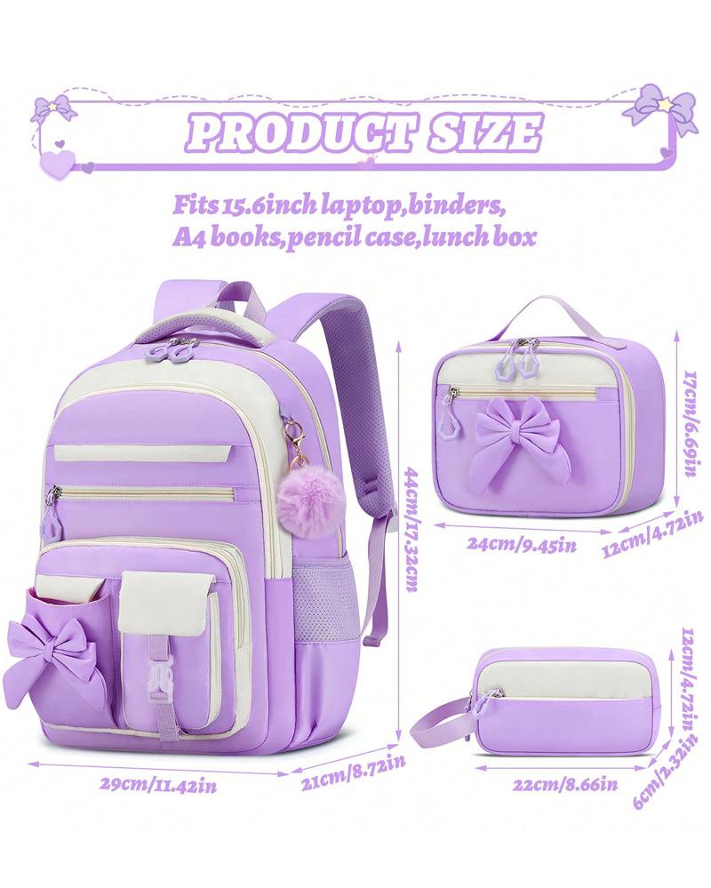 3pecs/set Elementary Bow School Bags Large Capacity Cute Backpack for Junior High School Girls with Pencil Case Lunch Box Set