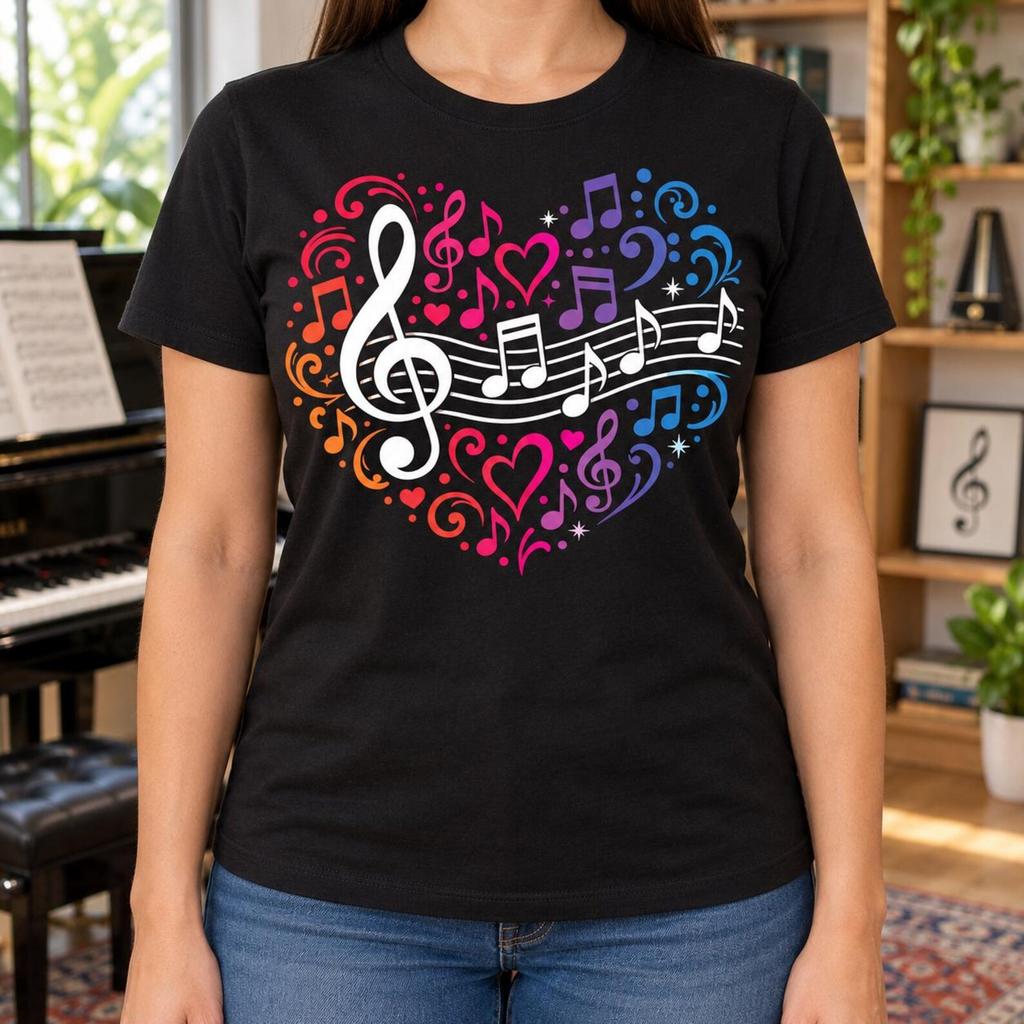 Colorful Music Heart T-Shirt, Rainbow Notes Tee, Treble Clef Design, Musician Birthday Gift, Choir Teacher Appreciation, Band Recital Outfit