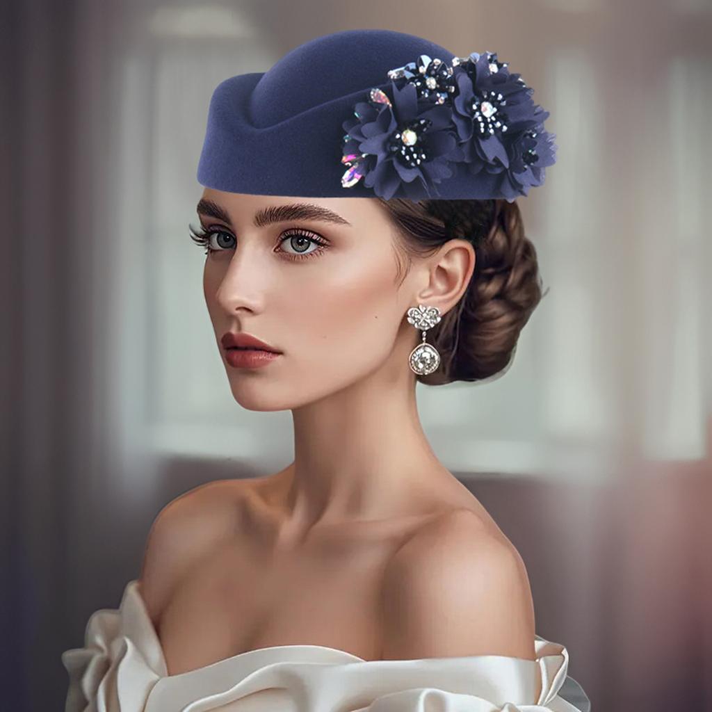 Cappello Pillbox da Donna Fiori Berretti Vintage Britannici in Feltro Cappellino per Chiesa Festa del Tè Accessorio