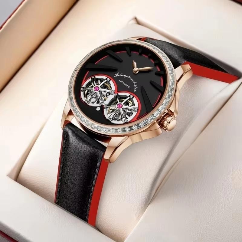 Domed Holographic Glass with Anti Glare AI LANG Fashion Watch Mechanic Automatic Double Tourbillon High-end Leather Wristwatch