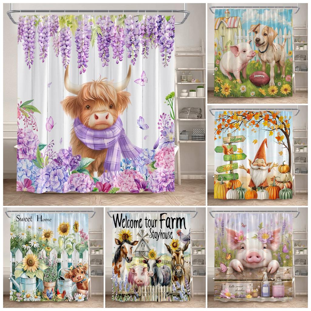 Farm Animals Shower Curtains Highland Cow Pig Horse Rustic Purple Floral Sunflower Autumn Scenery Fabric Bathroom Curtain Decor
