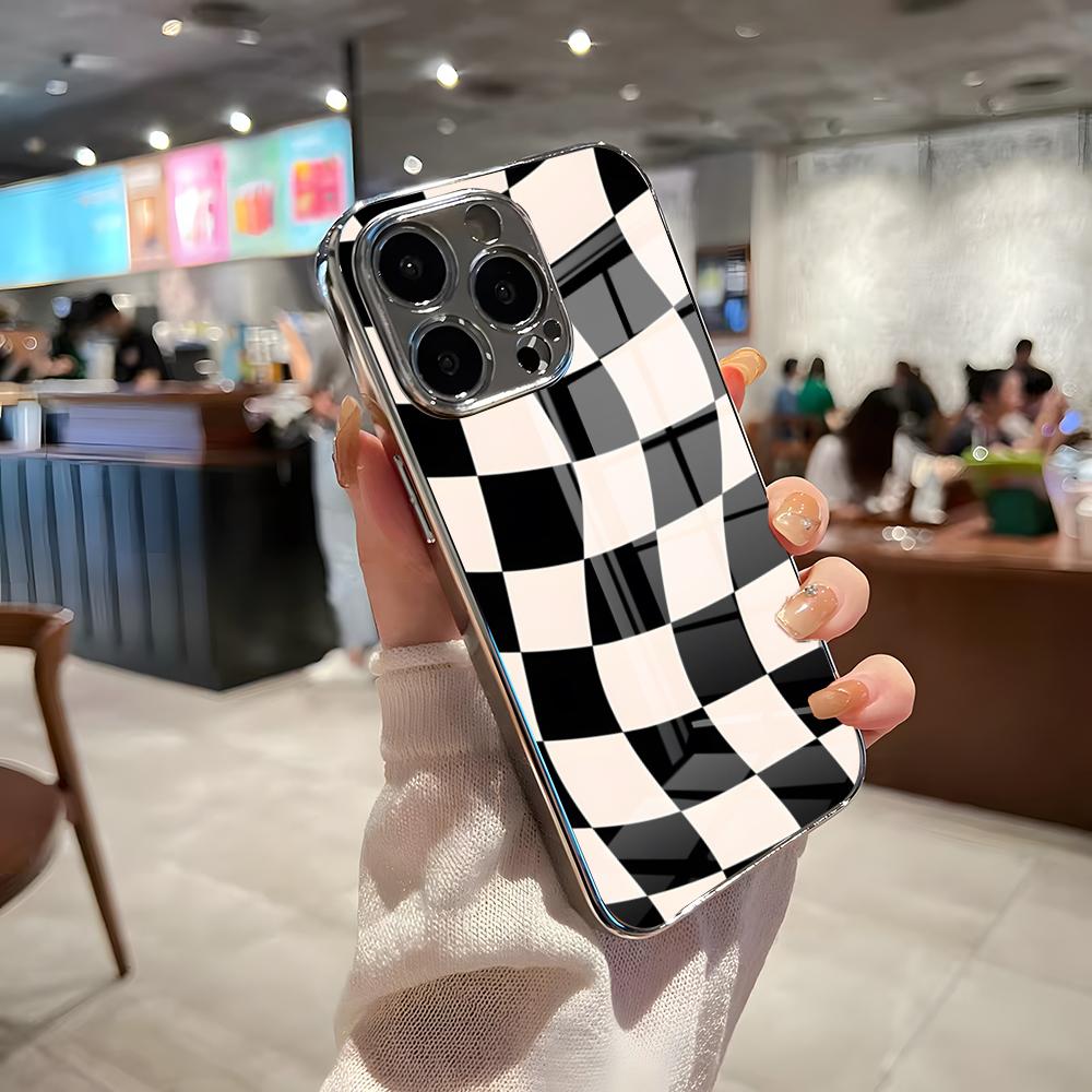 C-Checkerboard Phone Case For IPhone 17 Pro Max 15 Pro 16 14 Plus 12 13 Mini 11 Pro Shockproof Electroplated Glass Cover