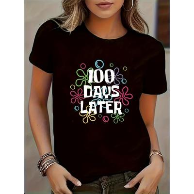 Europäische Größen Damen Freizeit-Rundhals-T-Shirt mit buntem floralem Buchstabenaufdruck, "100 Tage später" Feier Design Kurzarm-Top für alle Jahreszeiten