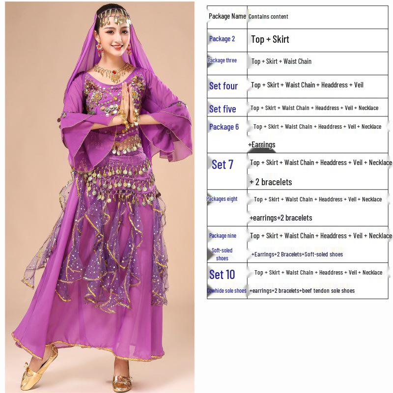 

Костюм для танца живота для женщин - Этнический набор для выступлений с юбкой с рукавами-колокольчиками One Size