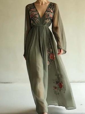 Vestido Maxi Largo de Manga Larga con Cuello en V y Estampado Digital para Mujer