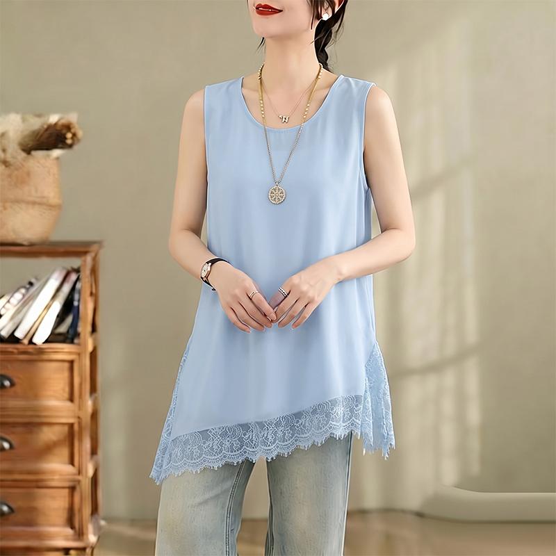 ZANZEA Women Casual Round Neck Sleeveless Lace Splice Summer Tank Tops
