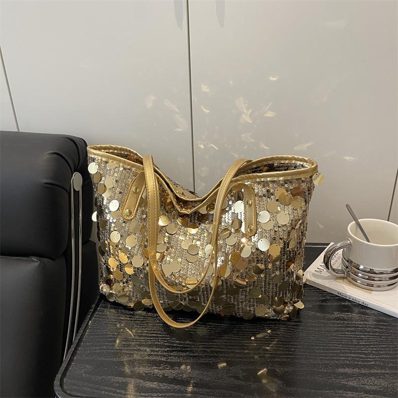 Fashion sequined bag women's 2025 new niche trend bucket shoulder bag commuter versatile large-capacity tote bag